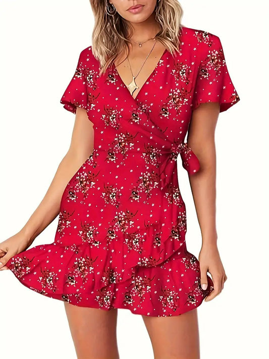 KE00698-T11-Summer Women Short Sleeve Print Dress V Neck Casual Short