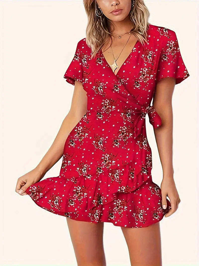 KE00698-T11-Summer Women Short Sleeve Print Dress V Neck Casual Short