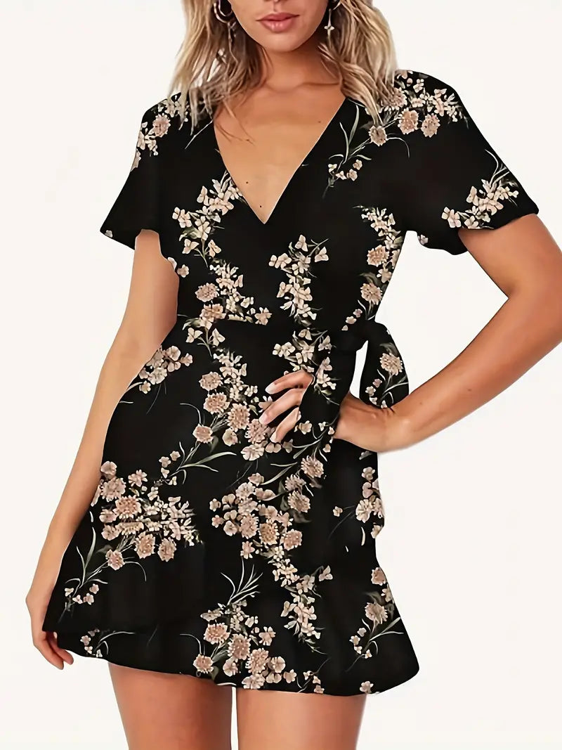 Floral Print Lace Up Surplice Neck Dress, Elegant Short Sleeve Dress For Spring & Summer, Women's Clothing