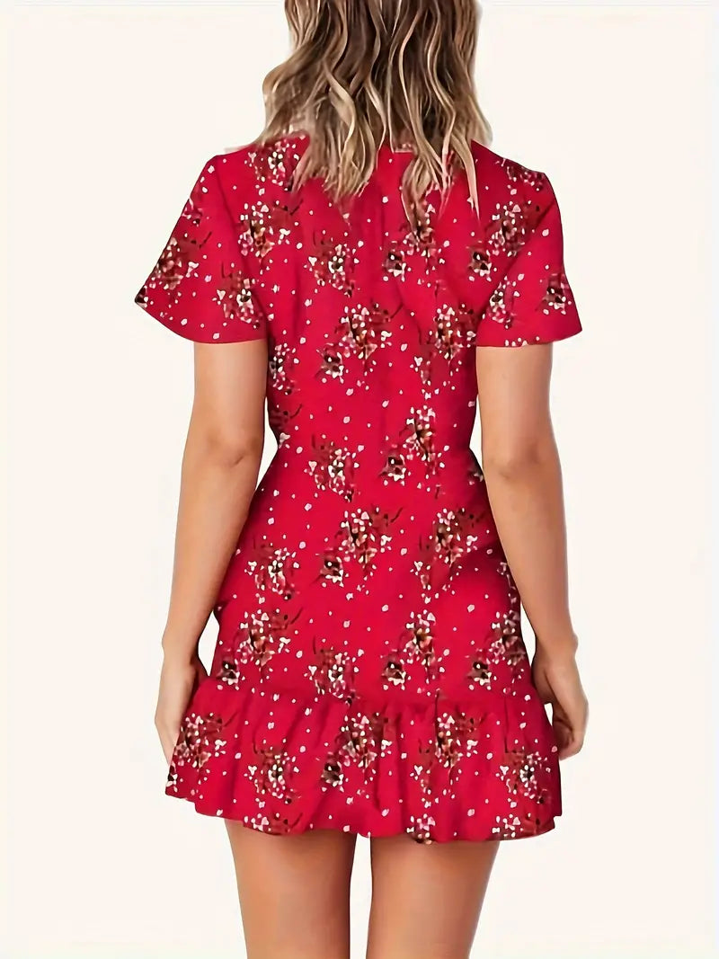 KE00698-T11-Summer Women Short Sleeve Print Dress V Neck Casual Short