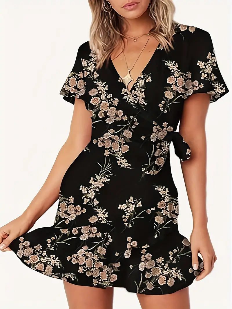 Floral Print Lace Up Surplice Neck Dress, Elegant Short Sleeve Dress For Spring & Summer, Women's Clothing